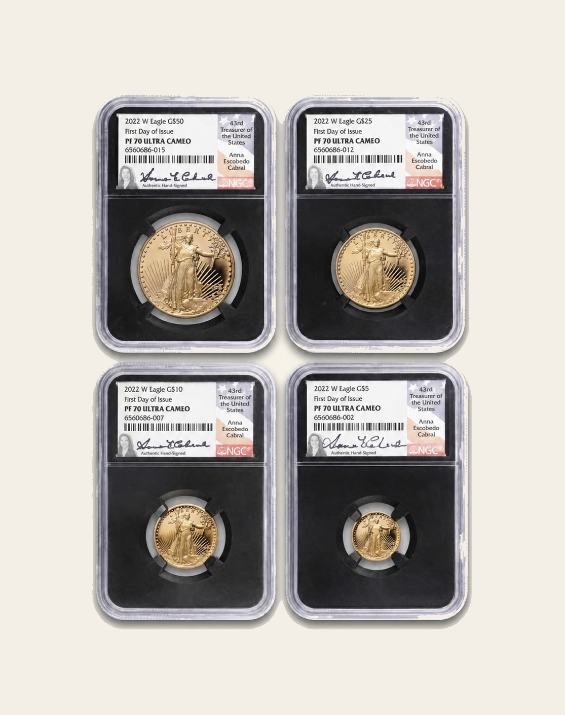 Four NGC PF70 American Gold Eagle coins
