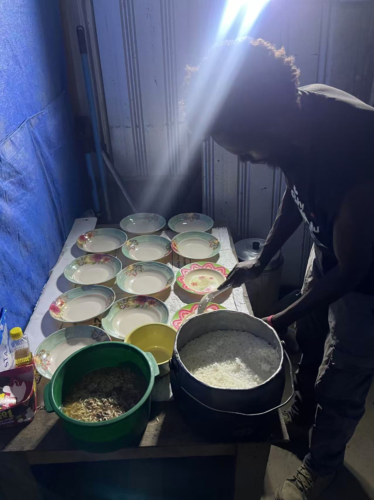 A meal being prepared for the mining team