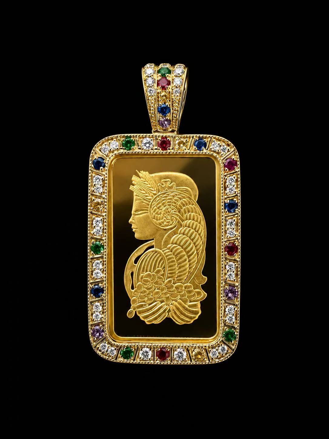 Original PAMP gold bar pendant with multicoloured gemstone setting